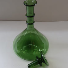 Load image into Gallery viewer, Vintage Hand-Blown EMPOLI Green Glass Bottle Vase / Decanter with Large Flattened Stopper and Hoops on the Neck
