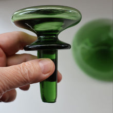 Load image into Gallery viewer, Vintage Hand-Blown EMPOLI Green Glass Bottle Vase / Decanter with Large Flattened Stopper and Hoops on the Neck
