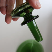 Load image into Gallery viewer, Vintage Hand-Blown EMPOLI Green Glass Bottle Vase / Decanter with Large Flattened Stopper and Hoops on the Neck
