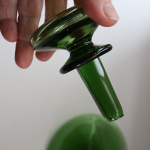 Vintage Hand-Blown EMPOLI Green Glass Bottle Vase / Decanter with Large Flattened Stopper and Hoops on the Neck