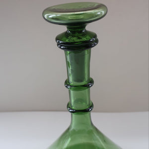 Vintage Hand-Blown EMPOLI Green Glass Bottle Vase / Decanter with Large Flattened Stopper and Hoops on the Neck