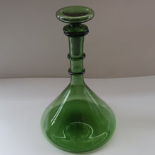 Load image into Gallery viewer, Vintage Hand-Blown EMPOLI Green Glass Bottle Vase / Decanter with Large Flattened Stopper and Hoops on the Neck
