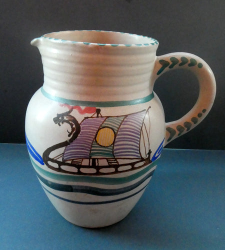 Vintage HONITON POTTERY Stoneware Jug with Hand Painted Viking Galleon Design on Each Side