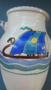Vintage HONITON POTTERY Stoneware Jug with Hand Painted Viking Galleon Design on Each Side