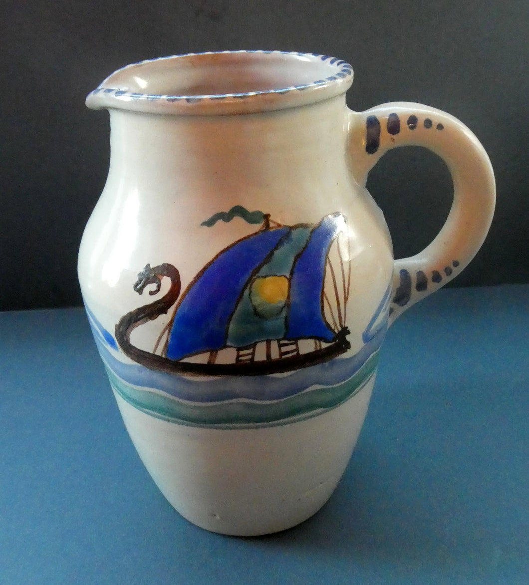 Vintage HONITON POTTERY Stoneware Jug with Hand Painted Viking Galleon Design on Each Side