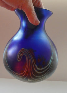 Vintage 1980s OKRA Style Cobalt Blue Glass Vase with Metallic and Red Lustre Swirls