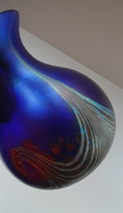 Vintage 1980s OKRA Style Cobalt Blue Glass Vase with Metallic and Red Lustre Swirls