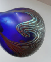 Load image into Gallery viewer, Vintage 1980s OKRA Style Cobalt Blue Glass Vase with Metallic and Red Lustre Swirls
