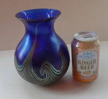 Load image into Gallery viewer, Vintage 1980s OKRA Style Cobalt Blue Glass Vase with Metallic and Red Lustre Swirls
