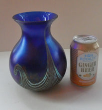 Load image into Gallery viewer, Vintage 1980s OKRA Style Cobalt Blue Glass Vase with Metallic and Red Lustre Swirls
