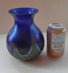 Vintage 1980s OKRA Style Cobalt Blue Glass Vase with Metallic and Red Lustre Swirls