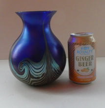 Load image into Gallery viewer, Vintage 1980s OKRA Style Cobalt Blue Glass Vase with Metallic and Red Lustre Swirls
