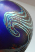 Load image into Gallery viewer, Vintage 1980s OKRA Style Cobalt Blue Glass Vase with Metallic and Red Lustre Swirls

