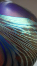 Load image into Gallery viewer, Vintage 1980s OKRA Style Cobalt Blue Glass Vase with Metallic and Red Lustre Swirls

