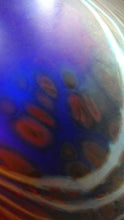 Load image into Gallery viewer, Vintage 1980s OKRA Style Cobalt Blue Glass Vase with Metallic and Red Lustre Swirls
