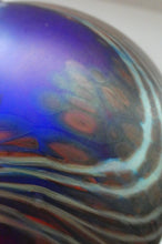 Load image into Gallery viewer, Vintage 1980s OKRA Style Cobalt Blue Glass Vase with Metallic and Red Lustre Swirls
