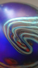 Load image into Gallery viewer, Vintage 1980s OKRA Style Cobalt Blue Glass Vase with Metallic and Red Lustre Swirls
