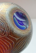 Load image into Gallery viewer, Vintage 1980s OKRA Style Cobalt Blue Glass Vase with Metallic and Red Lustre Swirls
