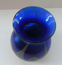 Load image into Gallery viewer, Vintage 1980s OKRA Style Cobalt Blue Glass Vase with Metallic and Red Lustre Swirls

