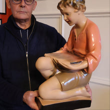 Load image into Gallery viewer, Vintage 1930s Plaster Figurine of a Kneeling Boy with Display Tray. Interesting Shop Window Display Item
