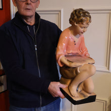 Load image into Gallery viewer, Vintage 1930s Plaster Figurine of a Kneeling Boy with Display Tray. Interesting Shop Window Display Item
