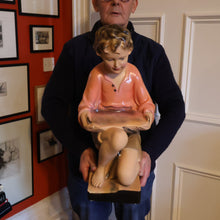Load image into Gallery viewer, Vintage 1930s Plaster Figurine of a Kneeling Boy with Display Tray. Interesting Shop Window Display Item
