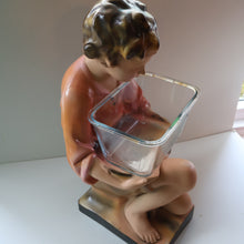 Load image into Gallery viewer, Vintage 1930s Plaster Figurine of a Kneeling Boy with Display Tray. Interesting Shop Window Display Item
