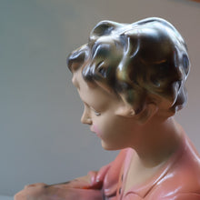 Load image into Gallery viewer, Vintage 1930s Plaster Figurine of a Kneeling Boy with Display Tray. Interesting Shop Window Display Item
