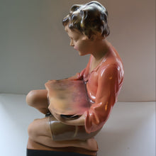 Load image into Gallery viewer, Vintage 1930s Plaster Figurine of a Kneeling Boy with Display Tray. Interesting Shop Window Display Item
