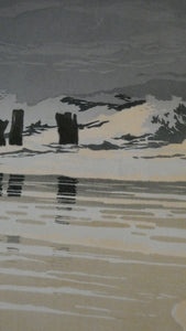 Collectable 1930s Original COLOUR WOODCUT Entitled "Breakers" by Oscar Droege. Pencil Signed