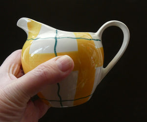 Popular 1950s Milk Jug (& wee underplate) and Open Sugar Bowl. Attractive Yellow HABITANT Pattern by Meakin