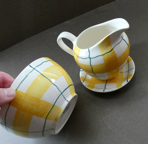 Popular 1950s Milk Jug (& wee underplate) and Open Sugar Bowl. Attractive Yellow HABITANT Pattern by Meakin