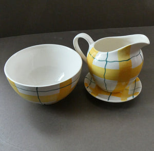 Popular 1950s Milk Jug (& wee underplate) and Open Sugar Bowl. Attractive Yellow HABITANT Pattern by Meakin