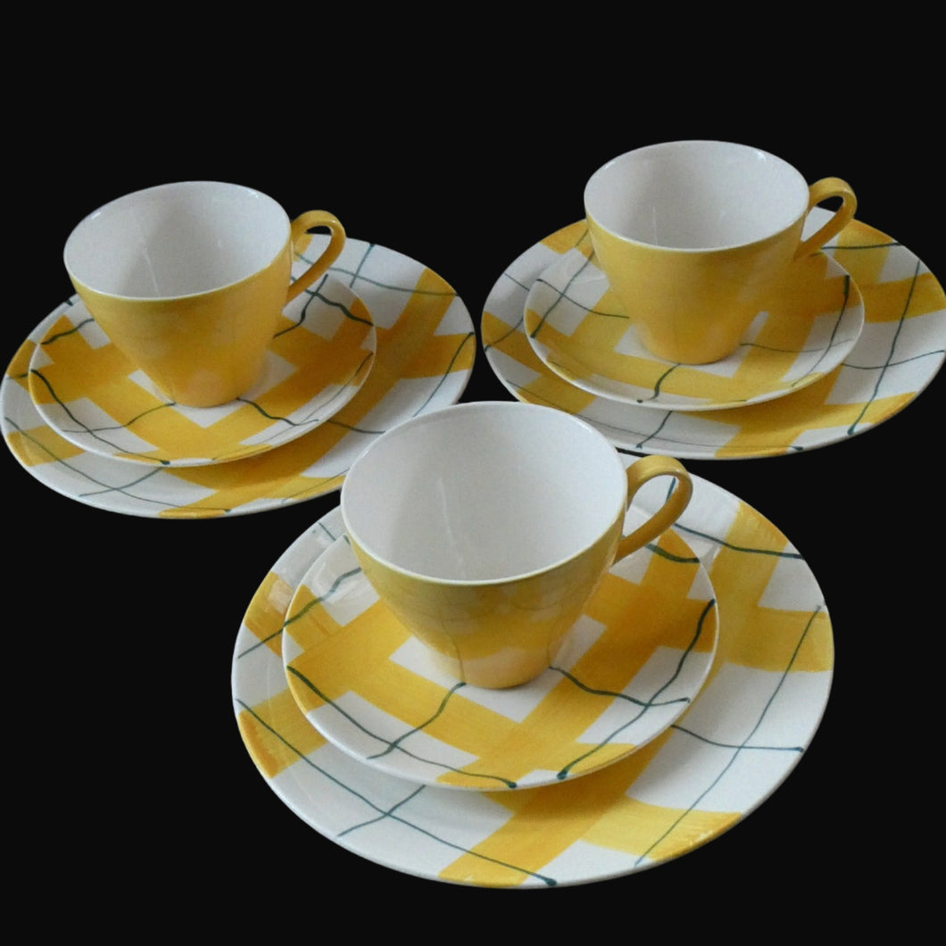 Popular 1950s THREE Trios. Attractive Yellow HABITANT Pattern by Meakin