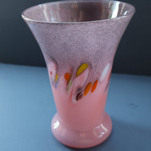 Load image into Gallery viewer, SCOTTISH GLASS. Vintage 1960s Strathearn Vase Aventurine Inclusions, Tutti Frutti Swirls. Leaping Salmon Mark.  8 inches
