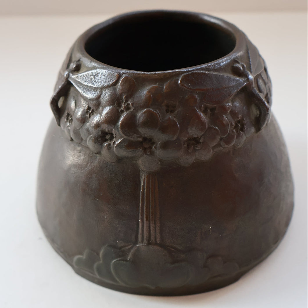 Swedish Bronze Pot / Vase by John Farngren (1884 - 1960) for Otto Meyer. Decorated with Relief Dragonflies and Flowers. SIGNED