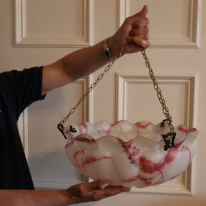 Vintage Glass Hanging Goldfish Bowl or Flycatcher Lampshade. Opaque Glass with Oodles of Raspberry Ripple Veins