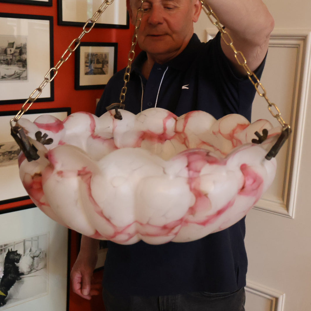 Vintage Glass Hanging Goldfish Bowl or Flycatcher Lampshade. Opaque Glass with Oodles of Raspberry Ripple Veins
