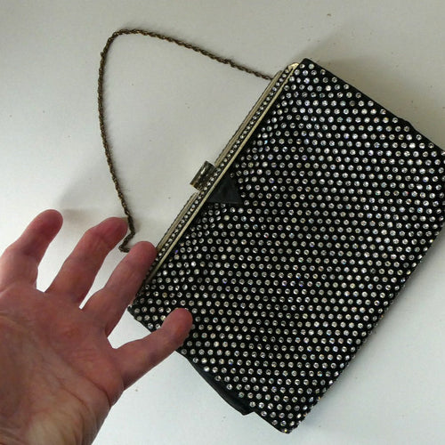 Beautiful Vintage 1950s Black Satin Evening Bag Covered with a Mesh of Crystal Diamante or Rhinestones