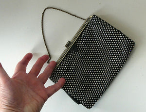 Beautiful Vintage 1950s Black Satin Evening Bag Covered with a Mesh of Crystal Diamante or Rhinestones