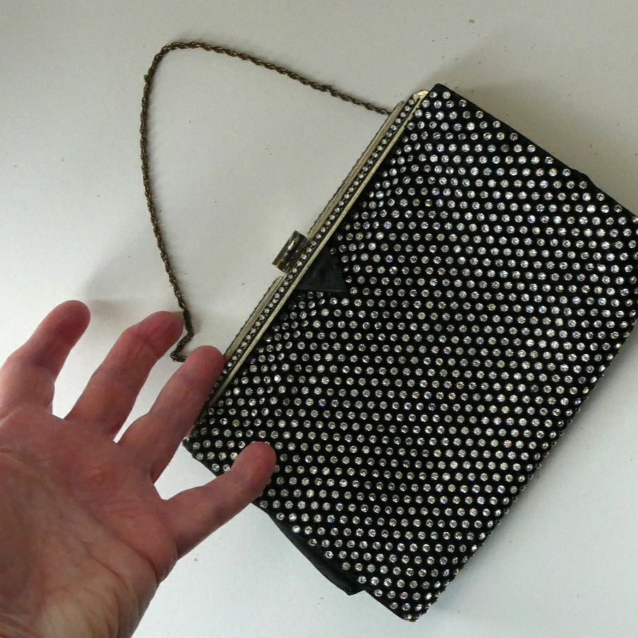Beautiful Vintage 1950s Black Satin Evening Bag Covered with a Mesh of Crystal Diamante or Rhinestones