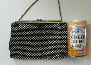 Beautiful Vintage 1950s Black Satin Evening Bag Covered with a Mesh of Crystal Diamante or Rhinestones