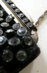 Beautiful Vintage 1950s Black Satin Evening Bag Covered with a Mesh of Crystal Diamante or Rhinestones