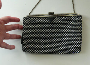 Beautiful Vintage 1950s Black Satin Evening Bag Covered with a Mesh of Crystal Diamante or Rhinestones