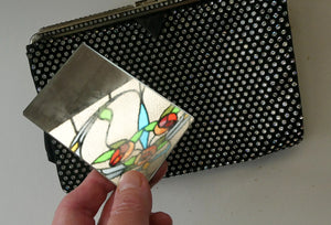 Beautiful Vintage 1950s Black Satin Evening Bag Covered with a Mesh of Crystal Diamante or Rhinestones