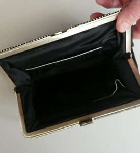 Beautiful Vintage 1950s Black Satin Evening Bag Covered with a Mesh of Crystal Diamante or Rhinestones