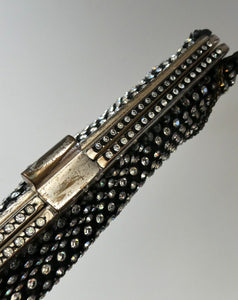 Beautiful Vintage 1950s Black Satin Evening Bag Covered with a Mesh of Crystal Diamante or Rhinestones