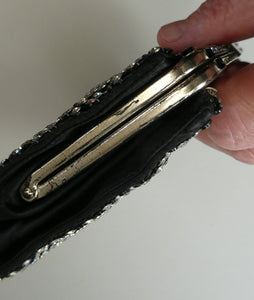 Beautiful Vintage 1950s Black Satin Evening Bag Covered with a Mesh of Crystal Diamante or Rhinestones