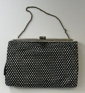 Beautiful Vintage 1950s Black Satin Evening Bag Covered with a Mesh of Crystal Diamante or Rhinestones
