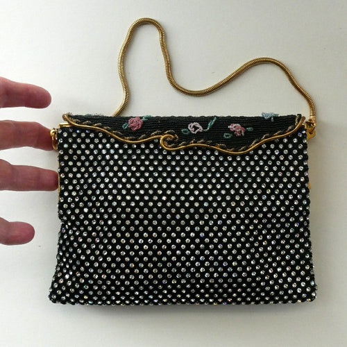 Vintage 1950s Black Satin Evening Bag Covered with a Mesh of Diamante or Crystal Rhinestones. Beaded Clasp